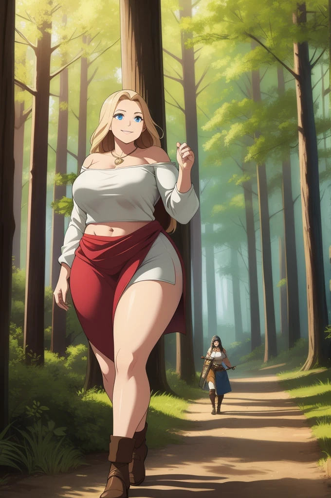 1woman, adventurer, medieval, walking through the forest , smiling, curvy, soft midriff.