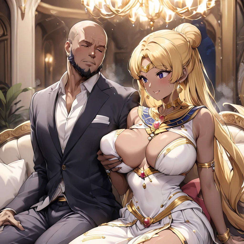 ((Highest quality)), ((masterpiece)), (detailed), （Perfect Face）、The woman is a vivid brown-skinned Egyptian named Tsukino Usagi, and is wearing a gorgeous, glittering Egyptian traditional dress with gold embroidery, a gorgeous hijab, gorgeous jeweled accessories and an engagement ring in a luxurious Egyptian mansion. The woman and the man are sitting on a luxurious, large sofa in the luxurious room, and the woman is being embraced by a dignified, bearded middle-aged man wearing Egyptian traditional dress, who is touching her breasts and crotch and kissing her.、The woman is the elegant Tsukino Usagi, with long blonde hair in a chignon twin tail. The woman is an Egyptian with vivid brown skin and wearing Egyptian clothing.、（The woman is the dark-skinned Egyptian Tsukino Usagi.）、The man is a dignified, muscular, bearded, middle-aged Egyptian man wearing traditional Egyptian clothing.