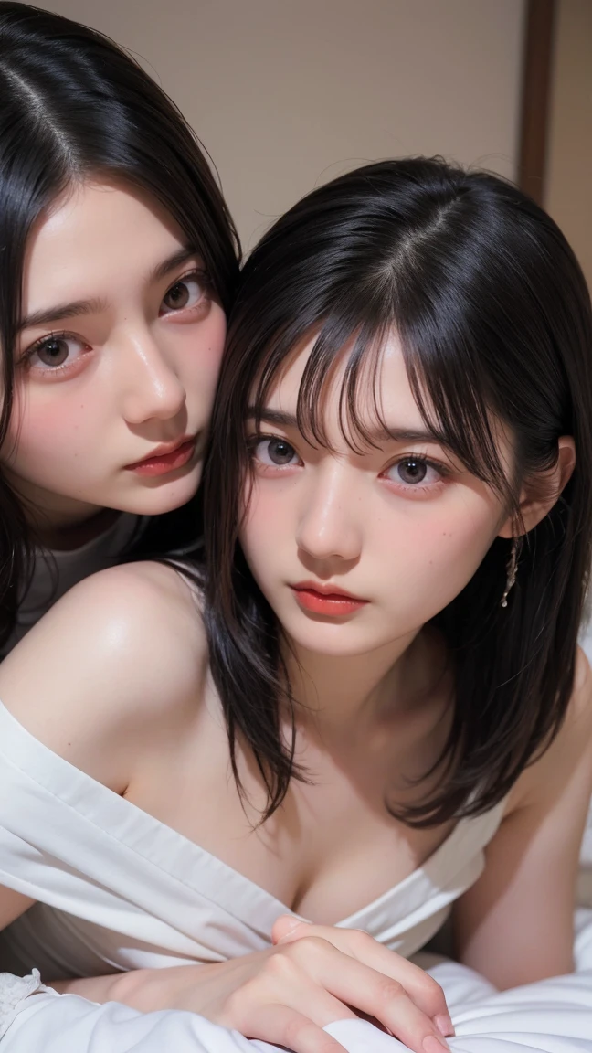 NSFW, (((sex with multiple men))) ,Mastepiece, highest quality, Photorealistic, finely, High resolution, 8K Wallpaper, Perfect dynamic composition, Sharp focus, Surreal, Beautiful and fine details, Medium Hair, Big and ample breasts, (girl), Age 28, (Drooping eyes:1.6), beauty, Japanese, Chain Necklaces, Big earrings, Photographed from the front, on bed, premium hotel, at night