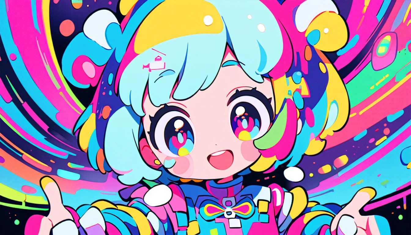 Vibrant art,pop、bright、colorful, 1 female, Light blue hair, short hair、Happy,cute, Animation Style, cute, clearly, pastel、colorful cyberpunk, bubblegum pop, cute、Pink and light blue as main colors、I'Cheer loudly、 Wearing headphones、tropical, summer、 Cool atmosphere、