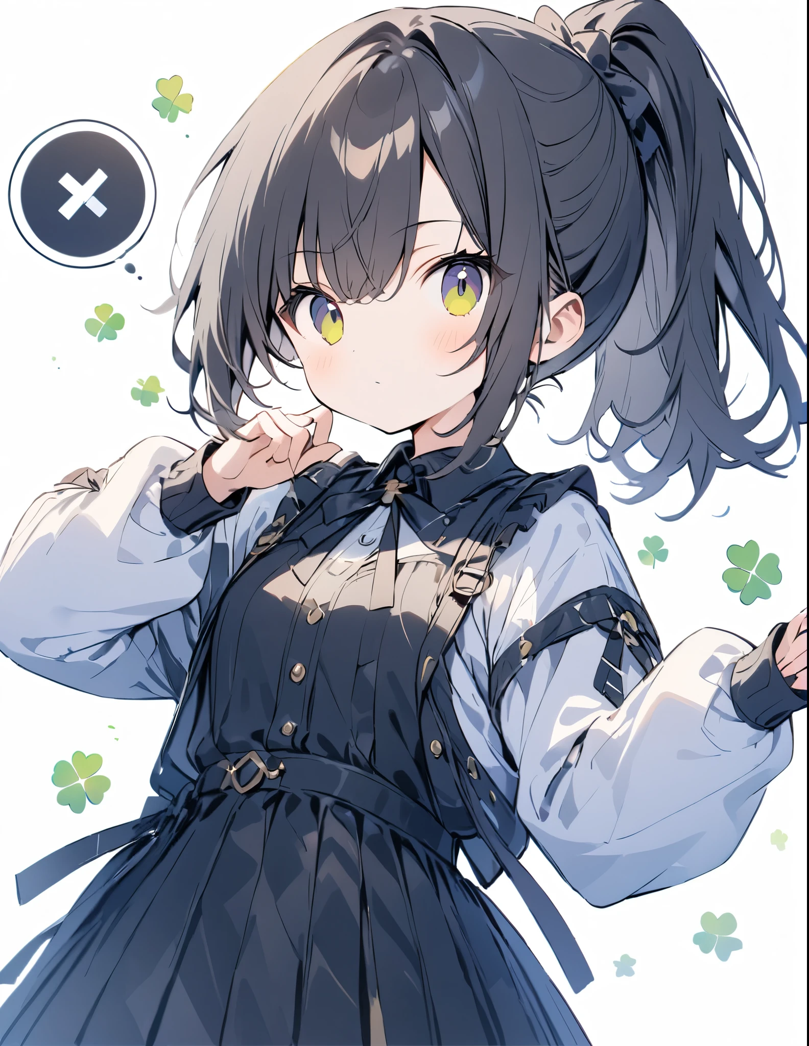 Golden Ratio,Very detailed、Very absurd、超High resolution, Attention to detail, high quality, High resolution, 最high quality, 4K, 8K,White background、(Clover on background margin)、Black Hair、ponytail、Strike a pose for the camera