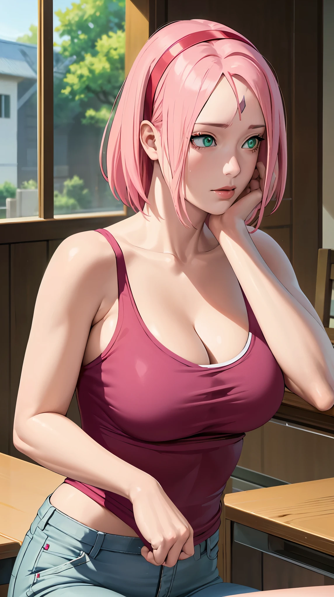 cleavage,Masterpiece, stunning realistic, best quality,sakura haruno,sitting on a table in a school,hands on table,tanktop, skinny jeans,closeup,only upperbody,front view ,pink hair,green eyes,forehead mark,big breasts,breasts fall out,green eyes,red hairband,forehead mark
