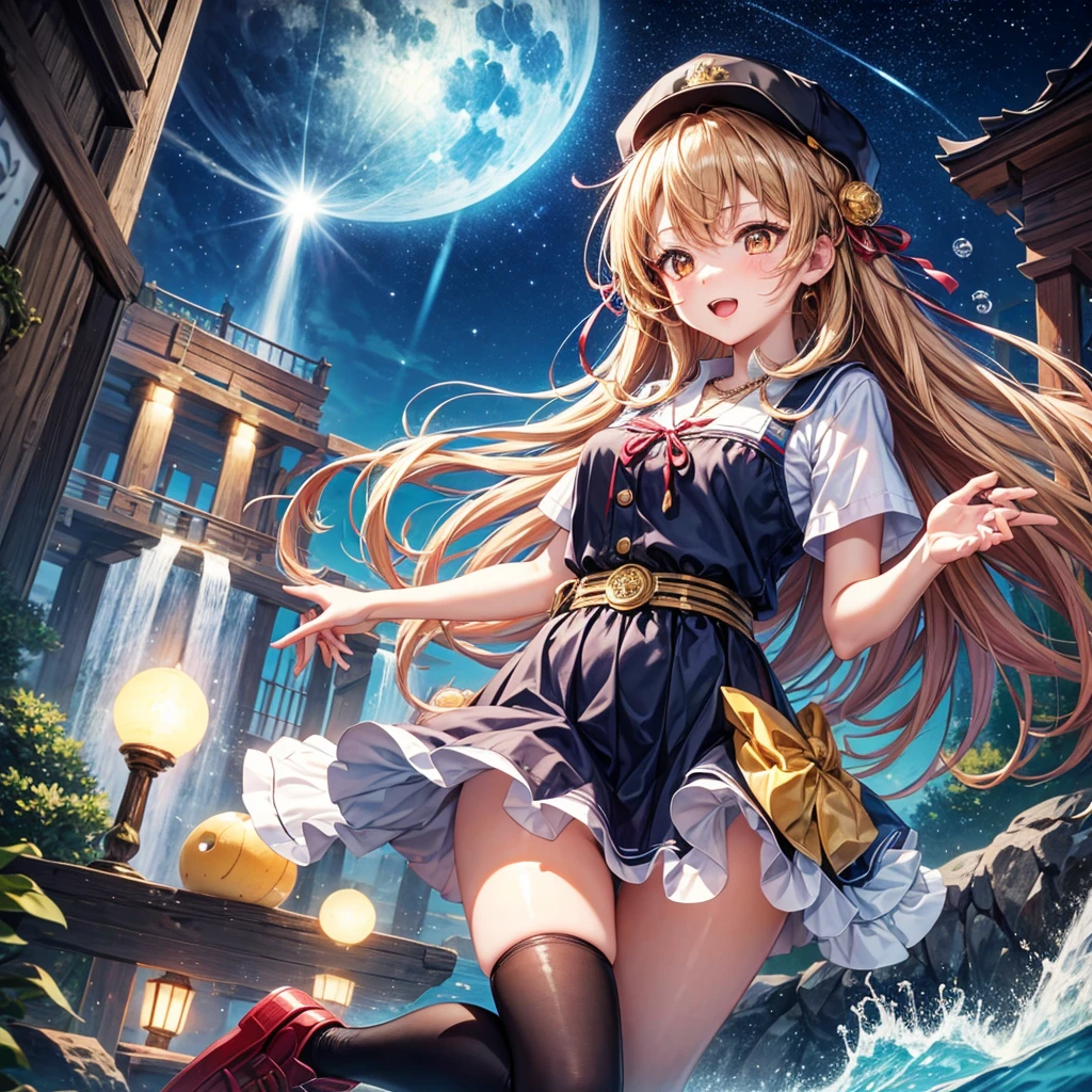 Red, brown, gold, gold hair、Golden Eyes、Hair tied up、One good looking girl、solo、anime、Checkered mini skirt、Ruffles on the skirt、Checked dress、blouse、school uniform、Black knee-high socks、Wearing a baseball cap、Ribbon、Ribbon on waist、Teeth are visible、Silver coin necklace、From above、Cobblestones、waterfall、Starry Sky、Midnight Moon、suspension bridge、Soap bubbles are flying、beam、ripple、Rocks floating in water、Crab walking、Have rice balls