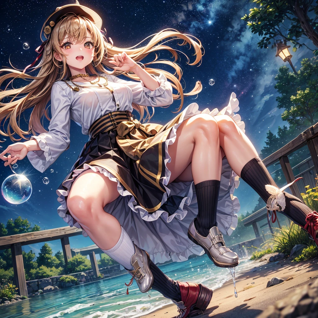 Red, brown, gold, gold hair、Golden Eyes、Hair tied up、One good looking girl、solo、anime、Checkered mini skirt、Ruffles on the skirt、Checked dress、blouse、school uniform、Black knee-high socks、Wearing a baseball cap、Ribbon、Ribbon on waist、Teeth are visible、Silver coin necklace、From above、Cobblestones、waterfall、Starry Sky、Midnight Moon、suspension bridge、Soap bubbles are flying、beam、Standing still、Eight Towers、Palm Tree、Transparent、Dragon flying、Sandy Beach、time and space、goddess