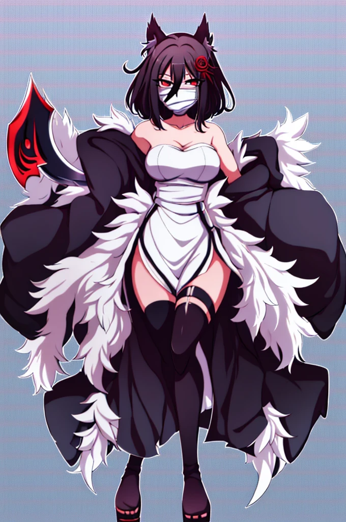 anime girl, bleach anime, soul reaper, sword, zanpakuto, vastolorde mask, fractured mask, hot, sexy, cute, black eyes, tall, full body, masterpiece, looking at the viewer, black fur on shoulders