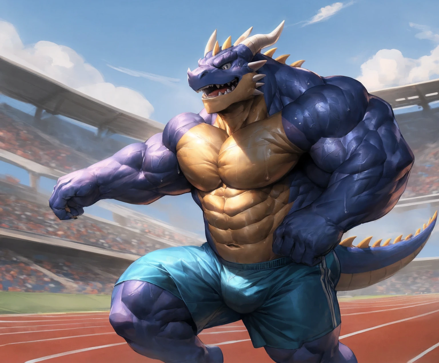 human nature, cannon, male, solitary, ((the strong,Handsome)), (dragon), Chibo,Six-pack abs,(Athletics,Track),run,Blue shorts,Sweat:1.3,high quality, (4K,high quality, high resolution, masterpiece), cartoon,by lindong