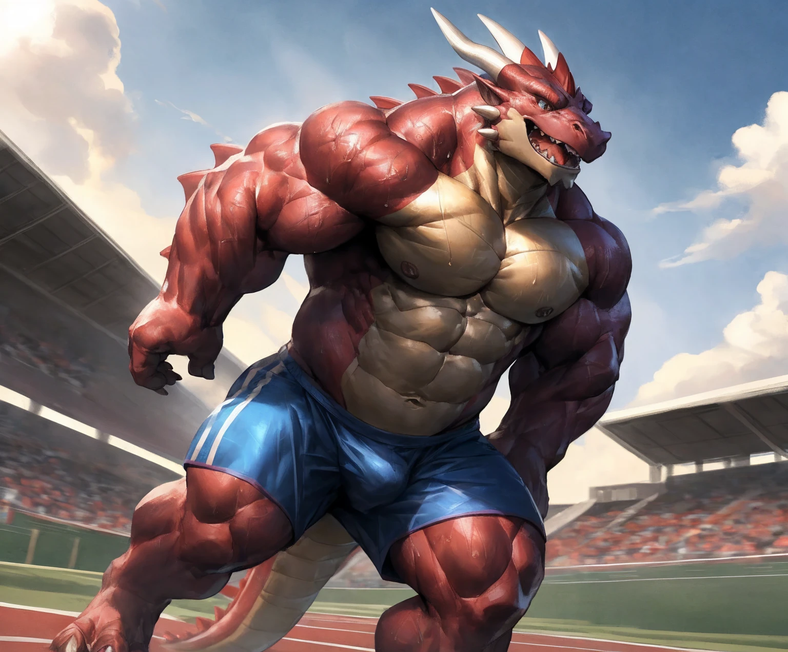 human nature, cannon, male, solitary, ((the strong,Handsome)), (dragon), Chibo,Six-pack abs,(Athletics,Track),run,Blue shorts,Sweat:1.3,high quality, (4K,high quality, high resolution, masterpiece), cartoon,by lindong