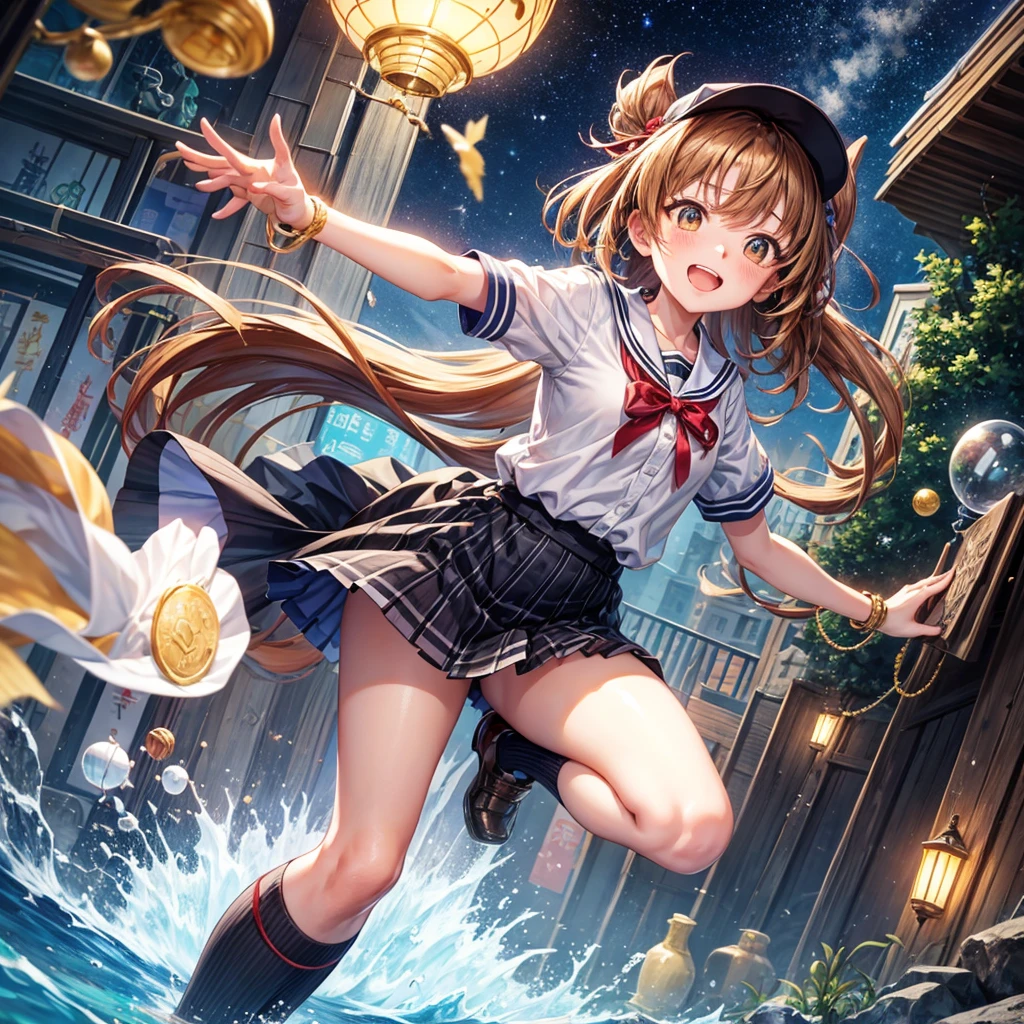 Red, brown, gold, gold hair、Golden Eyes、Hair tied up、One good looking girl、solo、anime、Checkered mini skirt、Ruffles on the skirt、Checked dress、blouse、school uniform、Black knee-high socks、Wearing a baseball cap、Ribbon、Ribbon on waist、Teeth are visible、Silver coin necklace、From above、Cobblestones、waterfall、Starry Sky、Midnight Moon、suspension bridge、Soap bubbles are flying、beam、ripple、Rocks floating in water、Crab walking、Have rice balls