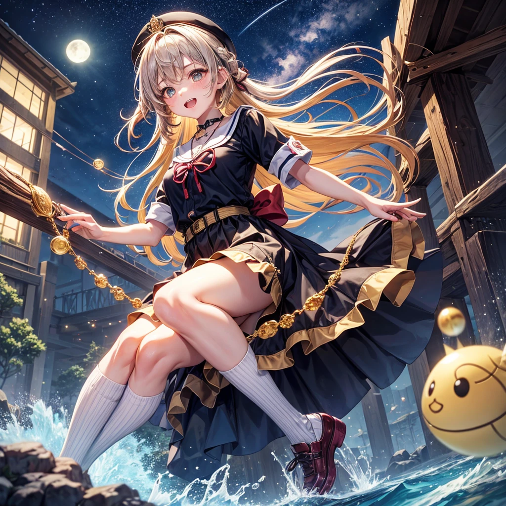 Red, brown, gold, gold hair、Golden Eyes、Hair tied up、One good looking girl、solo、anime、Checkered mini skirt、Ruffles on the skirt、Checked dress、blouse、school uniform、Black knee-high socks、Wearing a baseball cap、Ribbon、Ribbon on waist、Teeth are visible、Silver coin necklace、From above、Cobblestones、waterfall、Starry Sky、Midnight Moon、suspension bridge、Soap bubbles are flying、beam、ripple、Rocks floating in water、Crab walking、Have rice balls