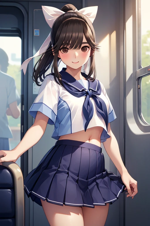 nsfw,
Gaoling loves flowers、Shiny brown hair, Ponytail with ribbon、, Beautiful brown eyes、smile、Sparkling eyes, (Fine grain)、Ultra-detailed eyes、非常にDetailed face, Very detailedな目,

masterpiece,Highest quality,High resolution,Very detailed,masterpiece, Highest quality, High resolution, Medium chest、

(8K、Highest quality、Highest quality、masterpiece)、Detailed face、One Girl、in the train、Blunt bangs、((Short sleeve white cropped sailor suit、Navy blue mini pleated skirt、Very short mini skirt、Bare thighs))、((Navy blue mini skirt))、((Belly button))、