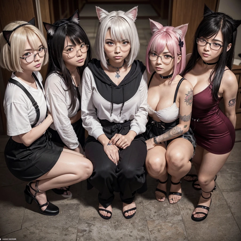 nsfw,(Highest quality:1.2),32k HDR,High resolution,(20-year-old woman),(Ultra Wide Angle),(View from above:1.2),((Glaring at the camera)),(Japanese women),((Three Women)),(Tattoo),Flat bangs,Dark Room,Medium chest,Squat with your feet apart,Show off your crotch,両腕をhandcuffsで繋がれている,((handcuffs)),薄Dark Room,ruins,Embarrassed, moist eyes,Sad expression,Looking into the camera,Very beautiful eyes,Flat Chest,Tragic,A fleeting expression,,((全身にTattoo)),((Constraints)),((Lock)),((Plate at your feet,Dog food dish)),((Staring straight ahead)),((Cat ears on the head)),((thin tail)),((3 peopleの女性)),((対象的な3 peopleの女性)),((short hair,Shaggy,Bob,long)),(Red Hair,Brown Hair,Black Hair,Silver),(Maid clothes),((Dark eyeliner)),((Sticking out tongue)),((3 people)),((Slanted Eyes)),((Big eyes)),((Hands)),((Women who are kept)),((じゃれ合うThree Women)),((Pets)),((Bold pose)),((Embrace each other)),((Exlassy)),((Ahegao)),((Sensual look)),((hoodie)),((Showing off your crotch)),((リード付きのfirst round)),((first round)),((Gazing at each other passionately)),((Women with different hair lengths)),((Women with different hair colors)),((Only one person wears glasses)),