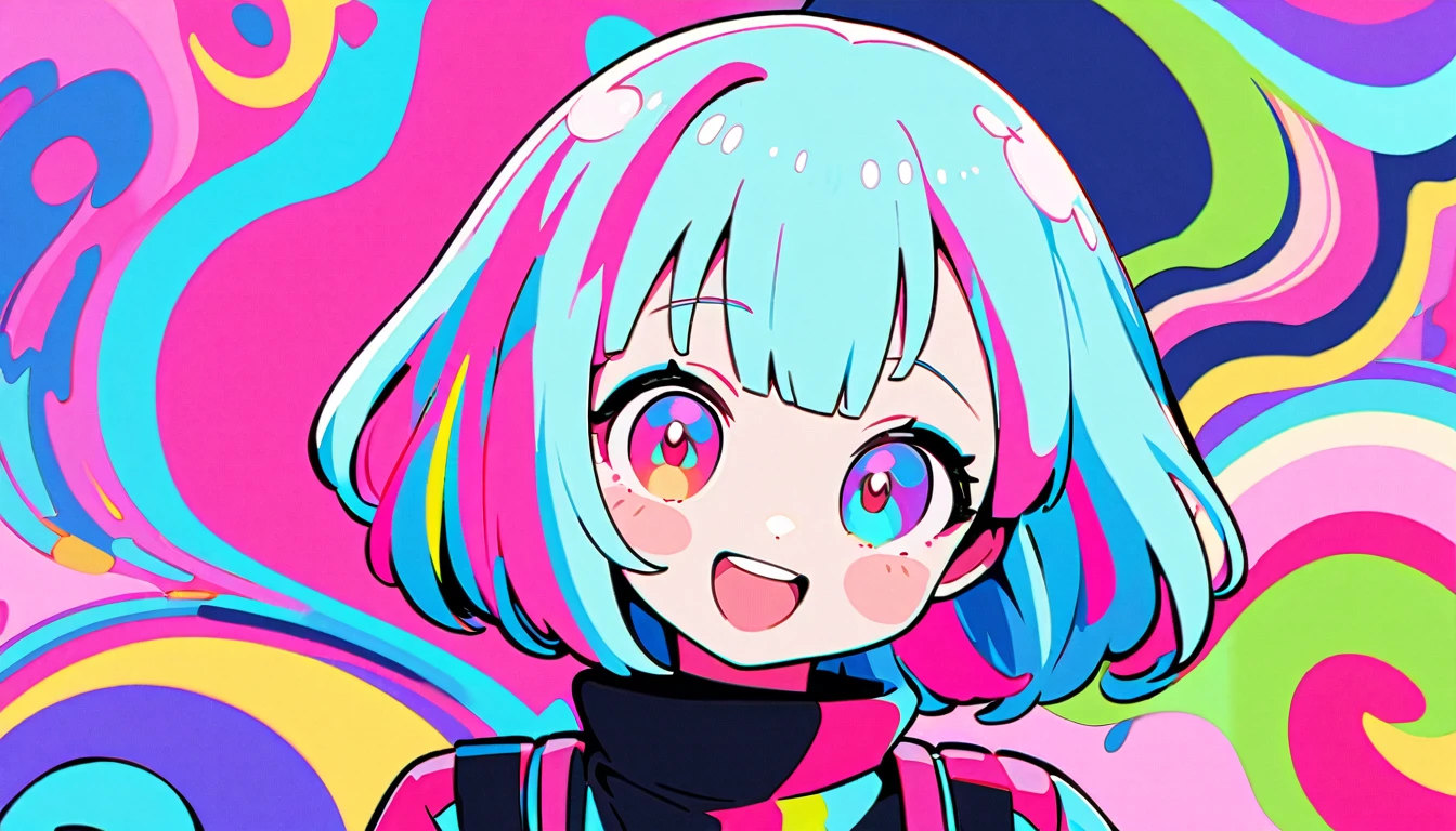 Vibrant art,pop、bright、colorful, 1 female, Light blue hair, short hair、Happy,cute, Animation Style, cute, clearly, pastel、colorful cyberpunk, bubblegum pop, cute、Pink and light blue as main colors、I'Cheer loudly、 Wearing headphones、tropical, summer、 Cool atmosphere、
