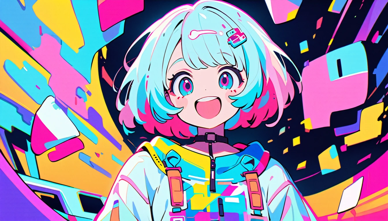 Vibrant art,pop、bright、colorful, 1 female, Light blue hair, short hair、Happy,cute, Animation Style, cute, clearly, pastel、colorful cyberpunk, bubblegum pop, cute、Pink and light blue as main colors、I'Cheer loudly、 Wearing headphones、tropical, summer、 Cool atmosphere、