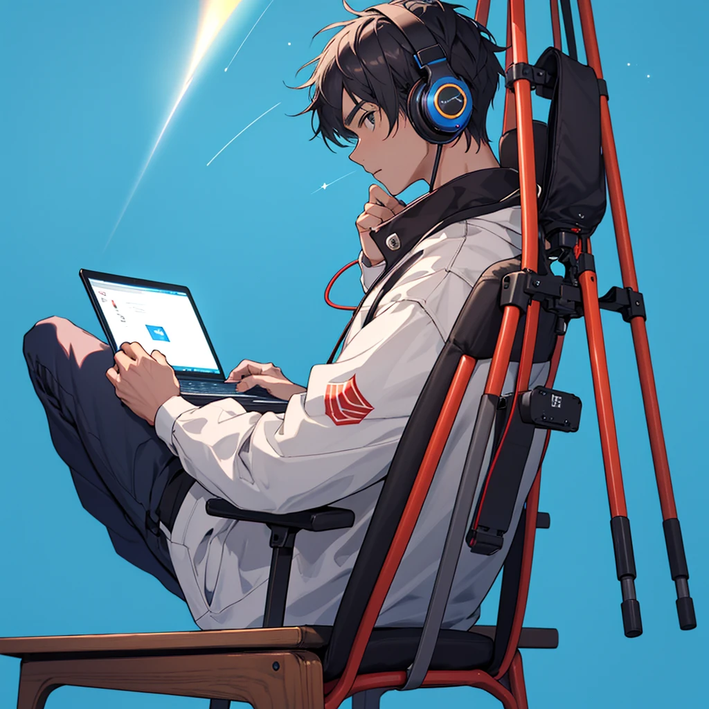 A small astronomer in the middle of blue background who is wearing headphones seen from his back sitting in a table his face cannot be seen there is only a a chaur no computers and he is looking at a shooting star