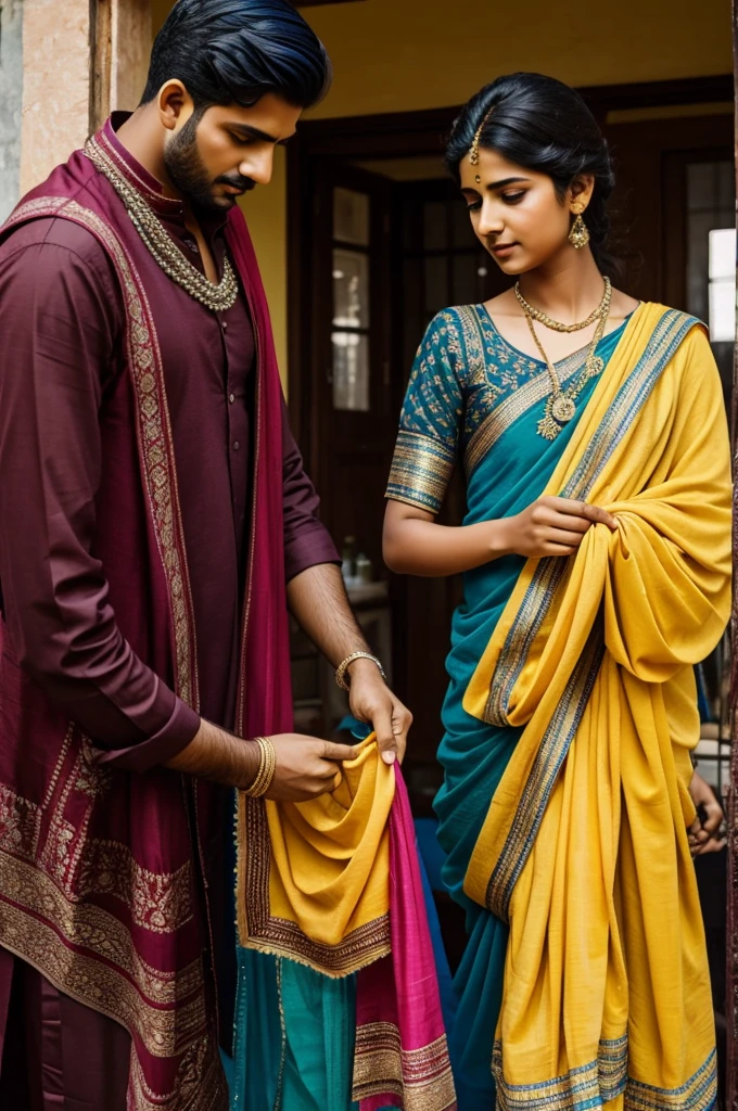 The young man packing the dupatta from the shop