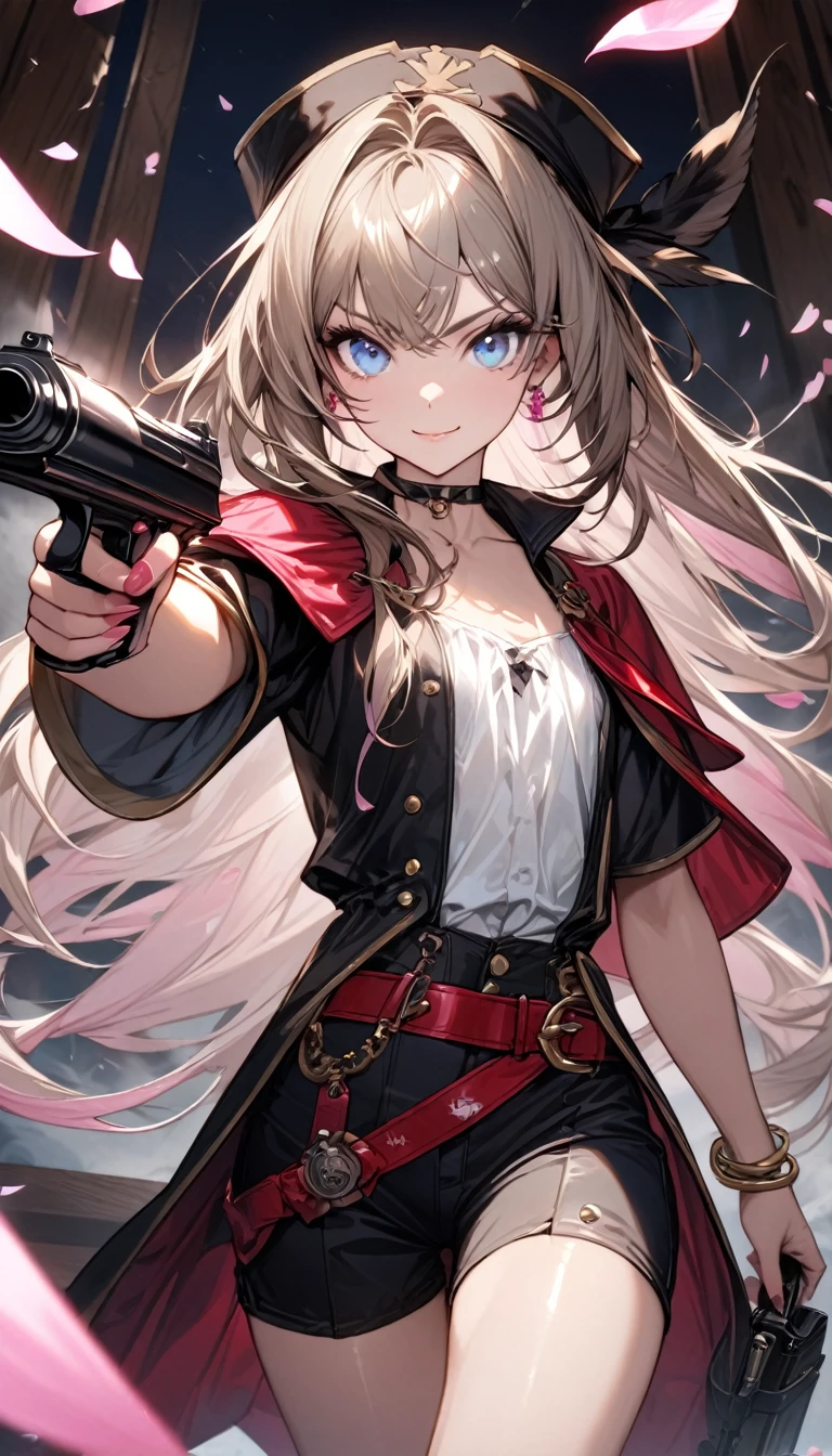 (masterpiece)、(absurdres)、(ultra detailed)、solo lady、dark blonde hair:1.2,(straight long hair)、BREAK、(shiny blue eyes:1.0)、BREAK、(athletic)、[flat chest]、(during:0.9)、(pierce:0.8)、(bracelet:0.7)、pirates costume、Hold a gun and point it at the viewer:1.2、BREAK、(A large amount of white and pink petals floating in the air:1.2)、Ship and storm background:1.1、BREAK,cowboy shot,serious smile,closed mouth,