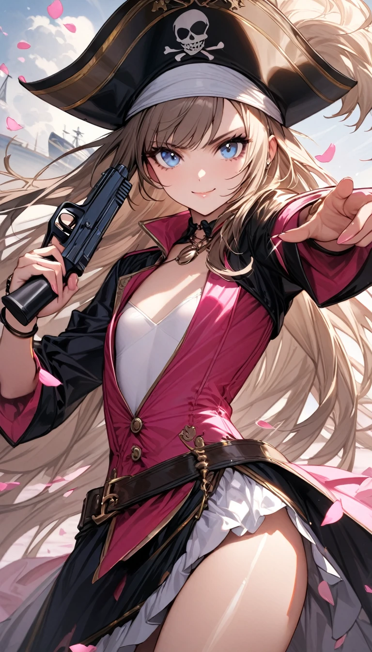 (masterpiece)、(absurdres)、(ultra detailed)、solo lady、dark blonde hair:1.2,(straight long hair)、BREAK、(shiny blue eyes:1.0)、BREAK、(athletic)、[flat chest]、(during:0.9)、(pierce:0.8)、(bracelet:0.7)、pirates costume、Hold a gun and point it at the viewer:1.2、BREAK、(A large amount of white and pink petals floating in the air:1.2)、Ship and storm background:1.1、BREAK,cowboy shot,serious smile,closed mouth,