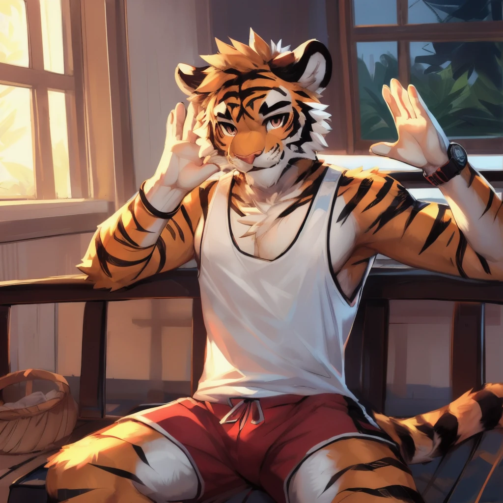 Tiger Boy, living room, daytime, sit, Dynamic Lighting, Beautiful Lights, masterpiece, bench, watch TV, Sunlight, by zackary911, Chunni, Delicate eyes, anthropology, love, attractive, Solitary, Looking at the camera, (waving at viewer, sports bras), 温暖的微lol, Excited eyes, 傻lol, Romantic gaze, Arm Rest, invite, Floating pink love heart, ((5 fingers)), White T-shirt, Red shorts, Godre, 8K, Highest quality, The most detailed, 微lol, lol,Digital Painting, ((Brushstrokes)), (Sketch lines), Sexual style, Sexual, The art of math