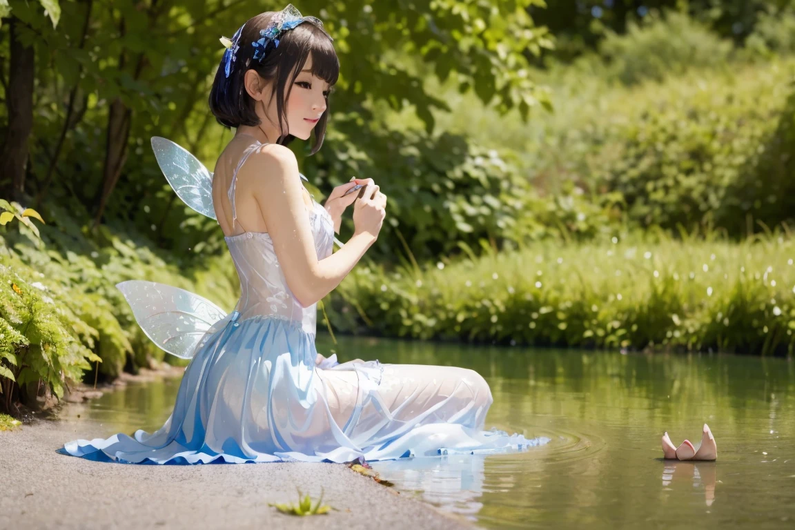 a fairy sitting nearby the lake, stinky cum bath