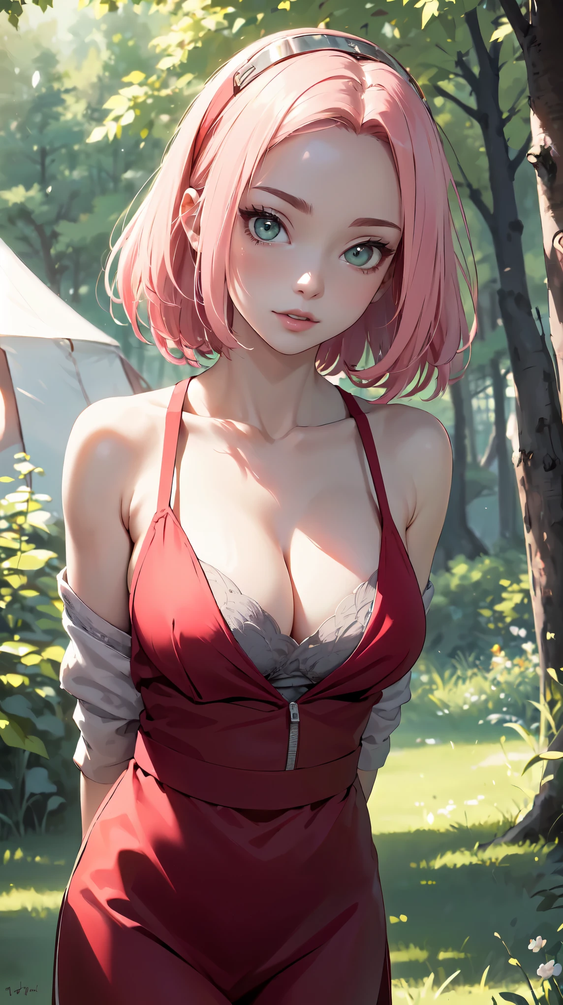 cleavage,(best quality)), ((masterpiece)), (detailled), perfect face((best quality)), ((masterpiece)), (detailled), perfect face(best quality)), ((masterpiece)), (detailled), perfect face(best quality)), ((masterpiece)), (detailled), perfect face,stunning realistic, photorealistic, Photorealism, 1 Haruno cherry,standing in a tent,arms behind back,