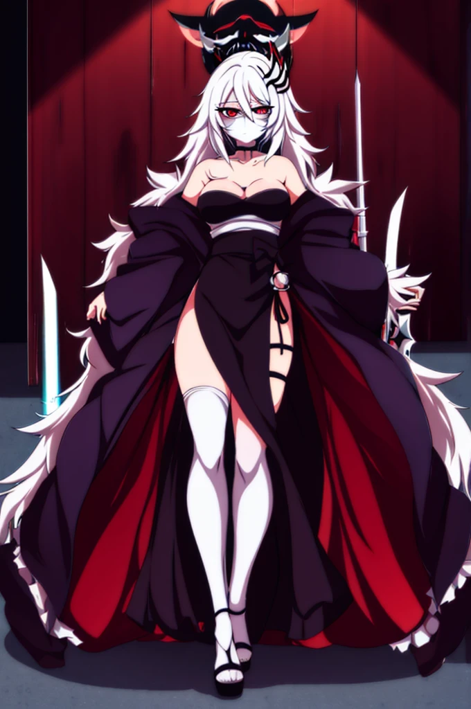 anime girl, bleach anime, soul reaper, sword, zanpakuto, vastolorde mask, fractured mask, hot, sexy, cute, black eyes, tall, full body, masterpiece, looking at the viewer, black fur on shoulders, , coat