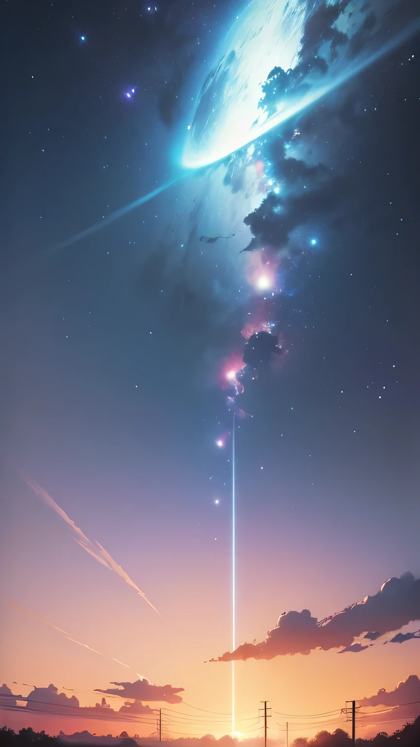 Attractive sky footage、Beautiful clouds illuminated by light、Animated scene of a train passing under blue and red skies, Anime drawing by Makoto Shinkai, Topics on pixiv, magical realism, Beautiful anime scene, Space Sky. by Makoto Shinkai, ( ( makoto shinkai ) ), by Makoto Shinkai, Anime Background Art, Makoto Shinkai's Style