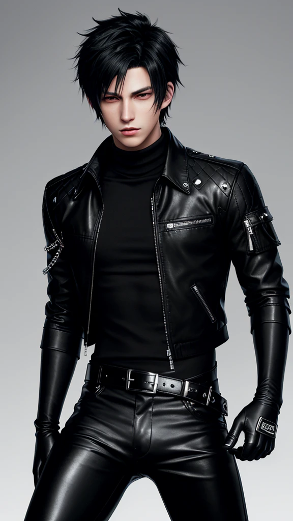 Final fantasy taste and reality graphics, Japanese young cute and cool ikemen  boy, his age is early 20s, thin eyebrows and beady eyes,  he wearing off black color leather thick singlebrest biker jacket, with epaulet,  must close the front of the leather jacket, jacket is biker style, jacket is voluminous, , jacket collar is high length stand-up collar with belts, jacket is a little black line pattern,close the front of the jacket, also wearing black thick turtleneck lackluster shirts,  tight black leather pants, shiny black leather tight and thin glove, black leather knee-high raceup boots,must views  head-to-toe,must views whole body, boy looks like fashion model,Do not show skin from the neck down,leather jacket leather glove and leather pants have few wrinkles,boy in the room,
