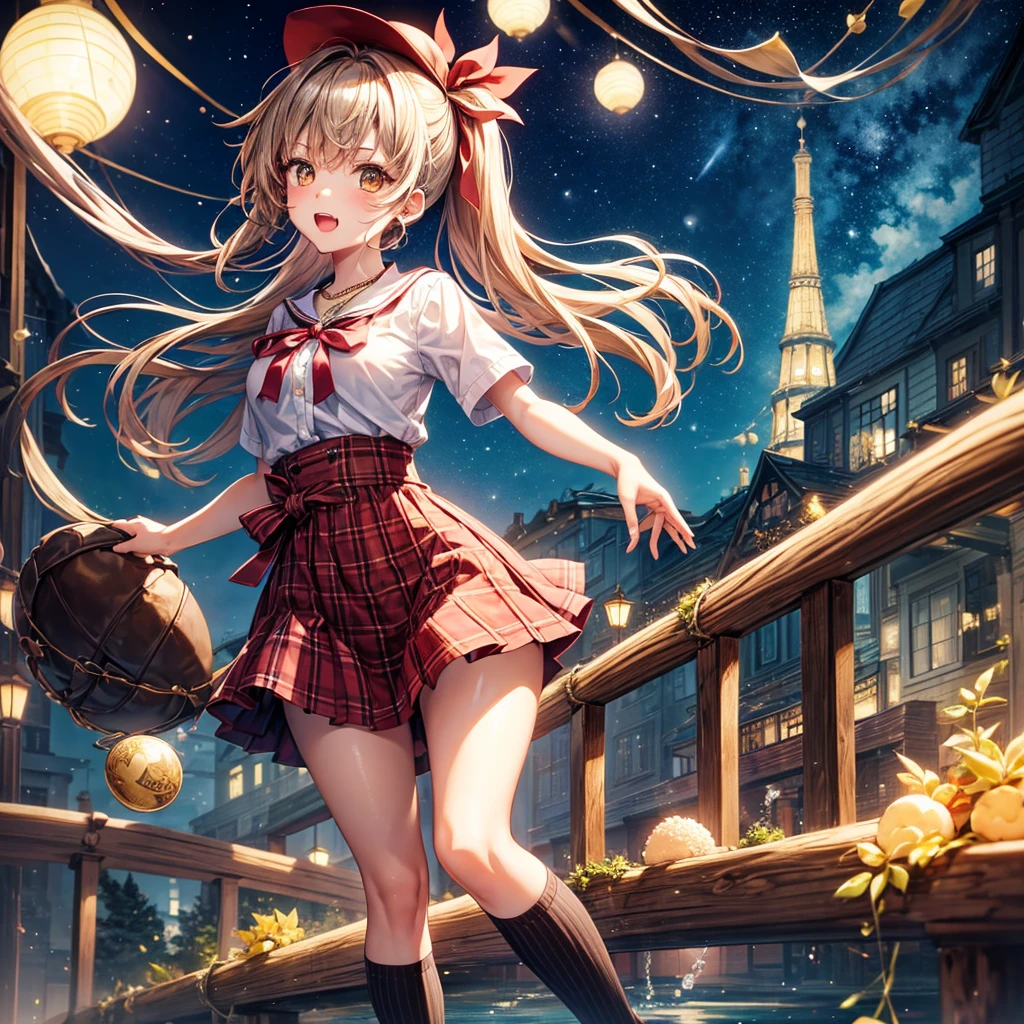 Red, brown, gold, gold hair、Golden Eyes、Hair tied up、One good looking girl、solo、anime、Checkered mini skirt、Ruffles on the skirt、Checked dress、blouse、school uniform、Black knee-high socks、Wearing a baseball cap、Ribbon、Ribbon on waist、Teeth are visible、Silver coin necklace、From above、Cobblestones、waterfall、Starry Sky、Midnight Moon、suspension bridge、Soap bubbles are flying、beam、ripple、Rocks floating in water、Crab walking、Have rice balls