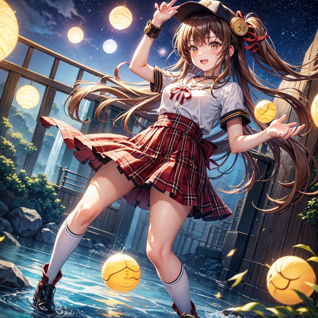 Red, brown, gold, gold hair、Golden Eyes、Hair tied up、One good looking girl、solo、anime、Checkered mini skirt、Ruffles on the skirt、Checked dress、blouse、school uniform、Black knee-high socks、Wearing a baseball cap、Ribbon、Ribbon on waist、Teeth are visible、Silver coin necklace、From above、Cobblestones、waterfall、Starry Sky、Midnight Moon、suspension bridge、Soap bubbles are flying、beam、ripple、Rocks floating in water、Crab walking、Have rice balls