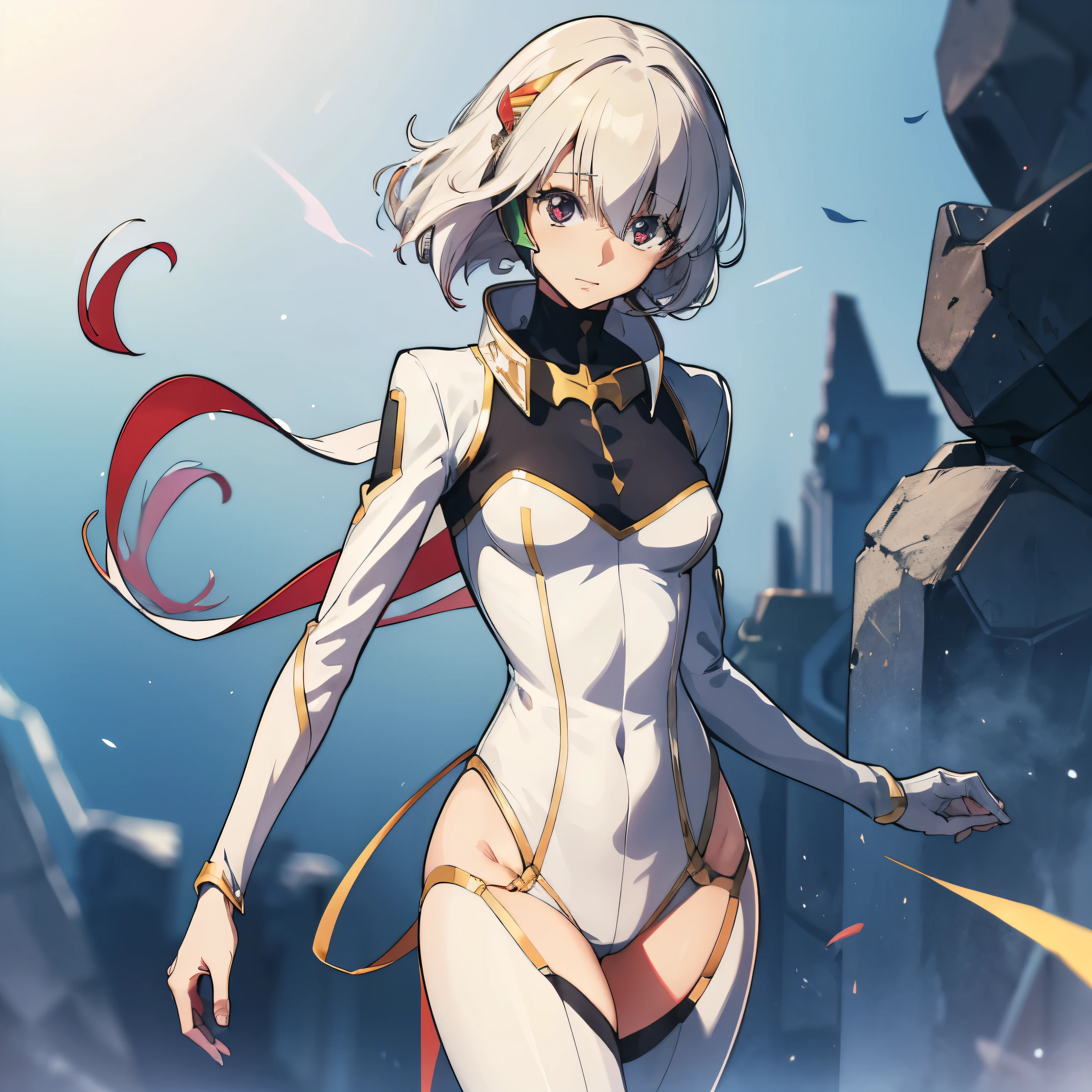 ultra-detailed, Explicit, Beautiful body, Beautiful Nose, Beautiful character design, perfect eyes, perfect face, ultra highres, 4K, beautiful legs, perfect legs, Nice hands, Perfect hand, Masterpiece, Best Quality, Highly detailed, illustration, absurdres, perfect anatomy, BOOTS, THIGH BOOTS, BODYSUIT, LEOTARD, HEADSET, absurdres, highres, solo, cowboy shot, 1girl, perfect hands, wind, (highres,best_quality,masterpiece), hair ornament, small breast, Shy, SHORT HAIR, WHITE HAIR, RED EYES, HAIR BETWEEN EYES,