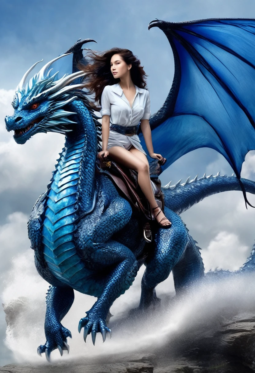 beautiful　Standing back　Blue Woman　Woman riding a dragon