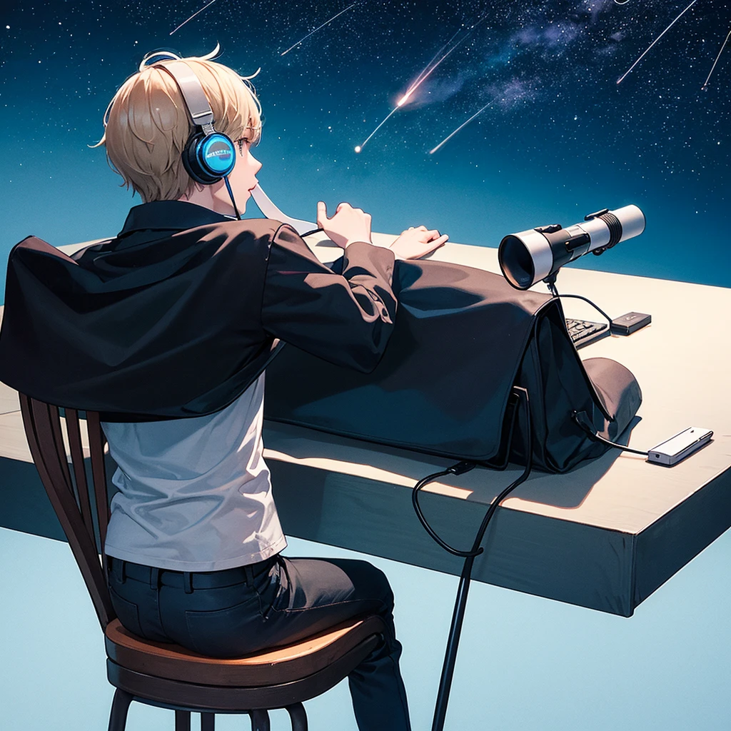 A small astronomer in the middle of blue background who is wearing headphones seen from his back sitting in a table his face cannot be seen there is only a a chaur no computers and he is looking at a shooting star