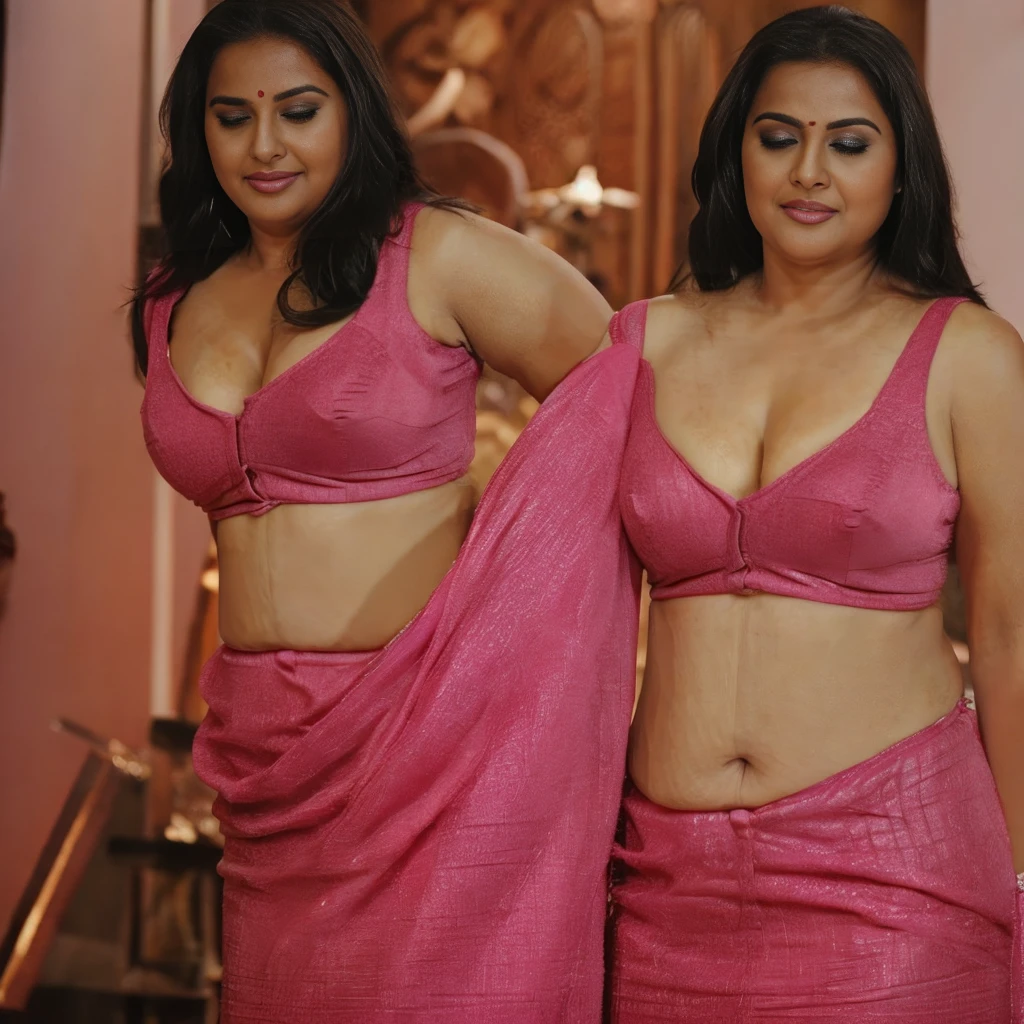 Imagine a sultry, curvy-sized MILF, an amorous exhibitionist, standing front-facing in a bashful pink liquid glossy satin lingerie set. The large canal between her small breasts is accentuated, drawing attention as she poses confidently in a standing posture without action. The Vidya Balan collection highlights her natural charm, making her the epitome of NSFW seduction.