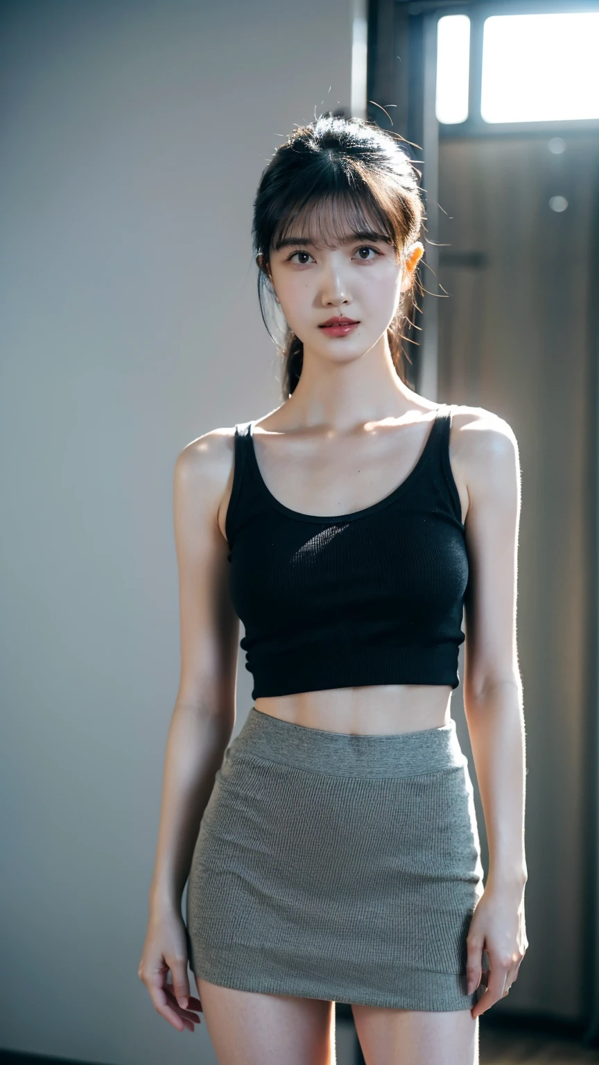 1girl, woman, masterpiece, best quality, highest quality, cinematic lighting, (volumetric lighting), extremely detailed CG unity 8k wallpaper, focused, 8k wallpaper, extremely detailed, ultra realistic, photorealistic, sharp focus, absurdres, (HDR:1.2), (high contrast), photograph, detailed and intricate, instagram, portrait, highly detailed, digital painting, artstation, concept art, smooth, sharp focus, illustration, cinematic lighting, (natural big breast), black short skirt, (((eyes looking at the viewer))), ((medium shoulder)), (skinny legs), (slender body), ((height 165cm)), (HQ skin:1.4, Realistic human body structure), (Long shot:1.4), (wearing knit tank top, short skirt), (standing)