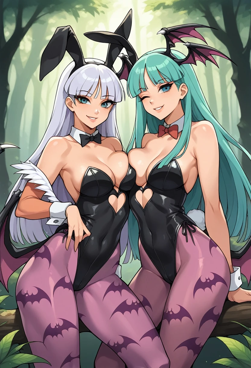 score_969, character: Morrigan_Aensland, white hair; clothing: bunny playboy girl sexy; background: dark forest; emotions: wink, smile