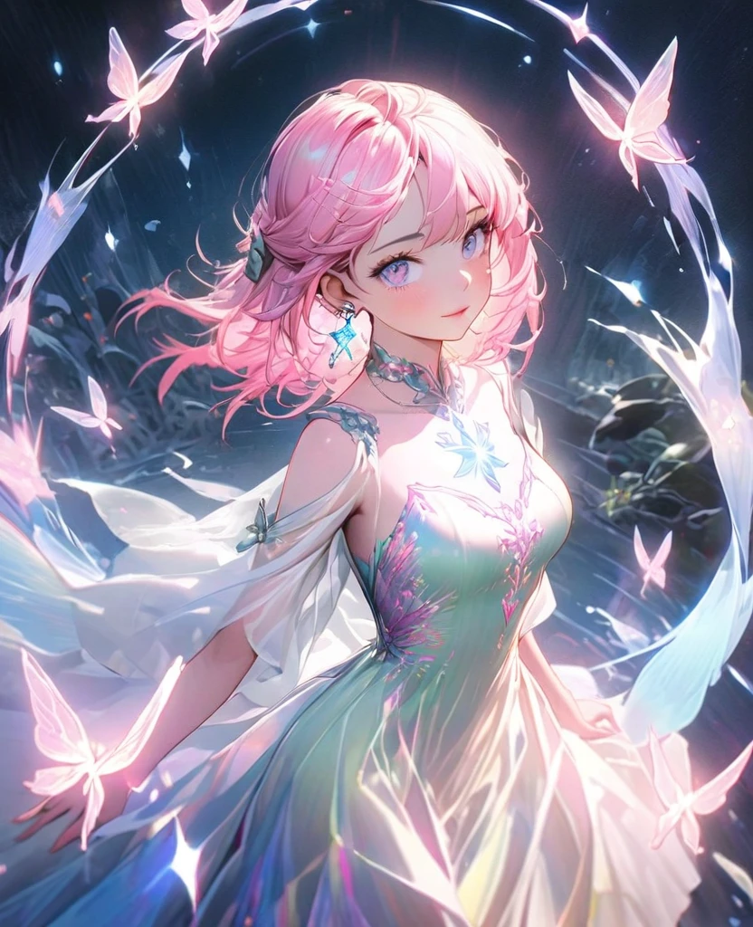 8K,Gal,Very delicate and beautiful,Beautiful and realistic skin,Sparkling jewel earrings,Luminous tattoo,Long pink hair,Beautiful Eyes,whole body,Firefly,Aodai