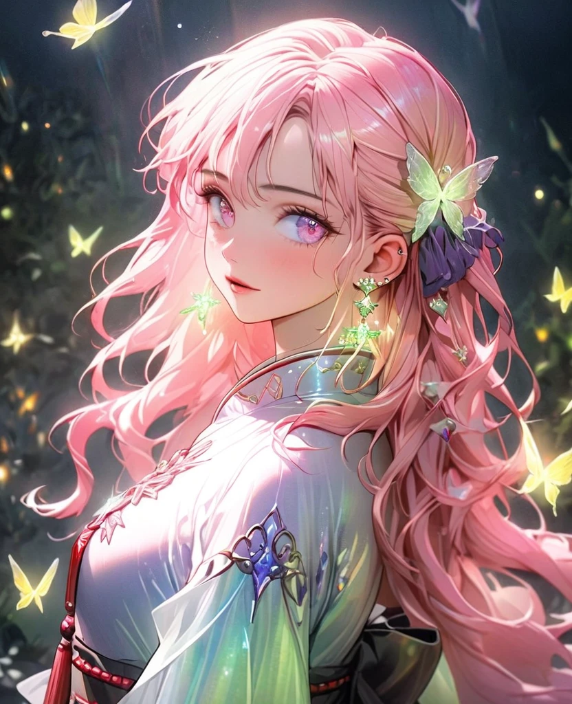 8K,Gal，Very delicate and beautiful,Beautiful and realistic skin,Sparkling jewel earrings,Luminous tattoo,Long pink hair,Beautiful Eyes,whole body,Firefly,Aodai