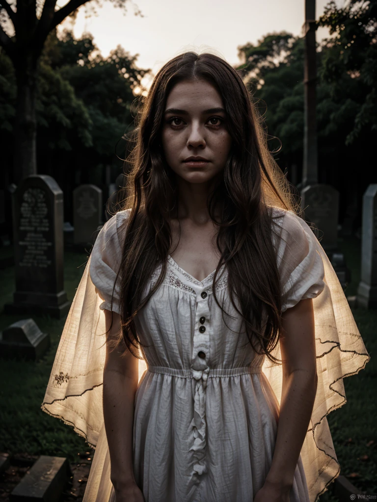 A scary ghist in a dark graveyard, it has rotten skin and white eyes, long flowy hair and a transparent linen dress