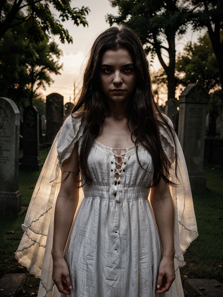 A scary ghist in a dark graveyard, it has rotten skin and white eyes, long flowy hair and a transparent linen dress