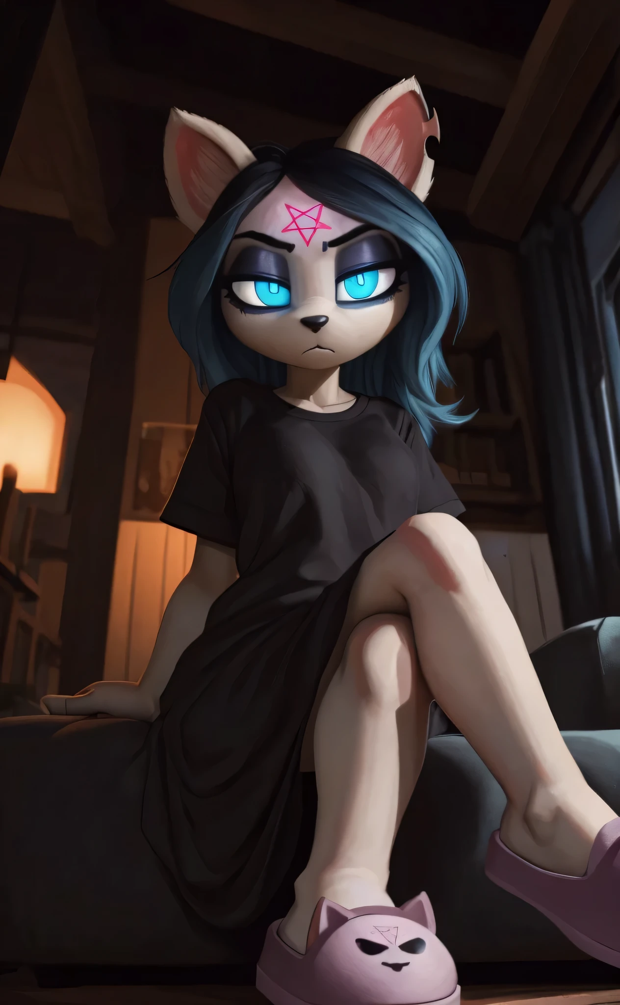 [Claire], [the summoning], [Uploaded to e621.net; (Pixelsketcher), (wamudraws)], ((masterpiece)), ((HD)), ((high res)), ((solo portrait)), ((full body)), ((low angle view)), ((feet visible)), ((furry; anthro)), ((detailed fur)), ((detailed soft shading)), ((beautiful render art)), {anthro; (slim figure), white fur, black nose, (cat snout), (cat ears), (cut on left ear), long blue hair, (bang over left eye), (pink pentagram on forehead), (cute blue eyes), (glowing eyes), (half-closed eyes), (short eyelashes), (indigo eyeshadow), (curvy hips), (beautiful legs), cute feet, four toes, (intimidating glare), (bored expression)}, {(long black baggy tee shirt), (fluffy pink slippers)}, {(sitting on couch), (hands in lap), (crossed legs), (looking at viewer)}, [background; (living room), (window), (woods), (nighttime), (starry sky), (ambient lighting)]
