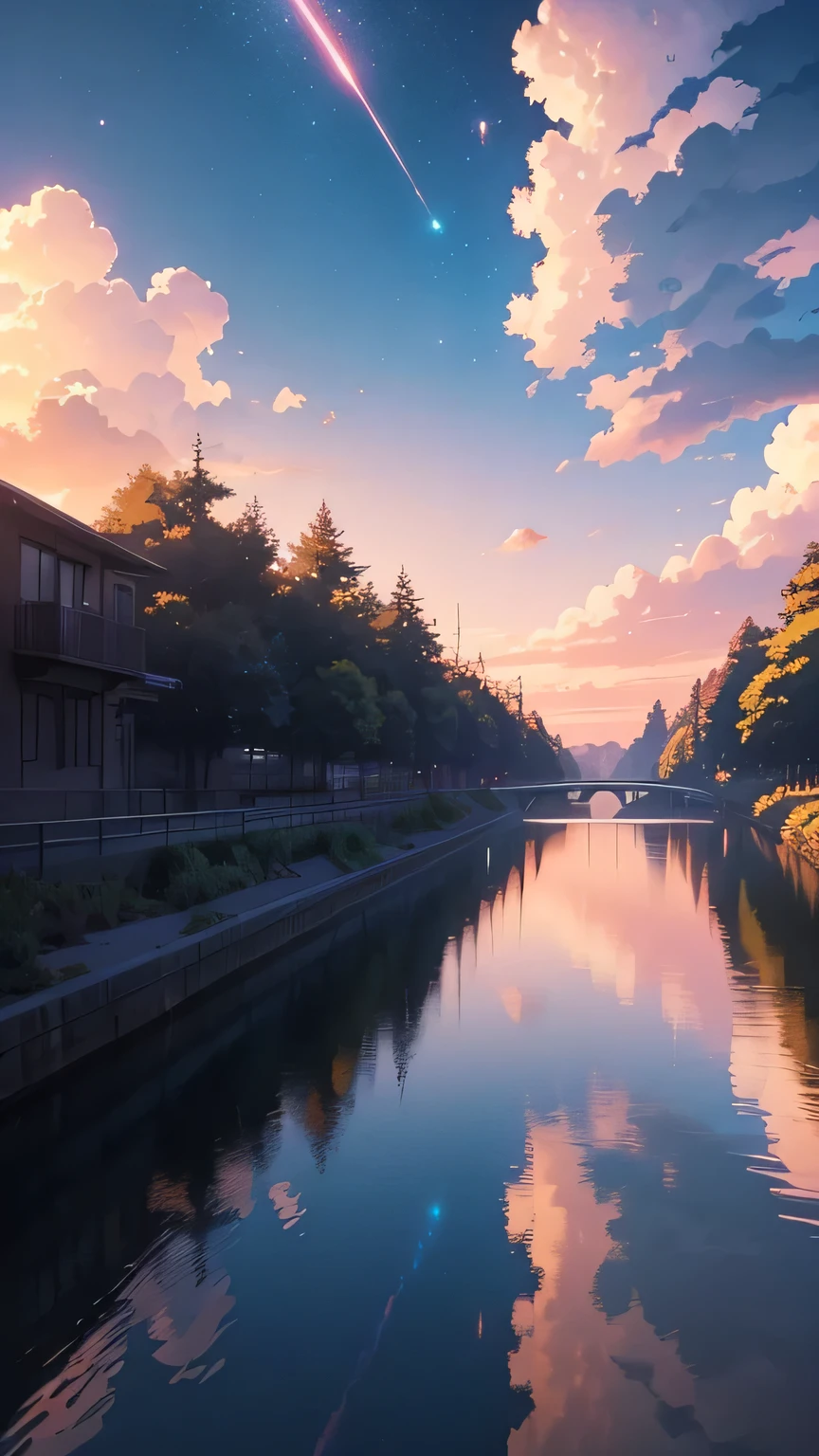 Attractive sky footage、Beautiful clouds illuminated by light、Animated scene of a train passing under blue and red skies, Anime drawing by Makoto Shinkai, Topics on pixiv, magical realism, Beautiful anime scene, Space Sky. by Makoto Shinkai, ( ( makoto shinkai ) ), by Makoto Shinkai, Anime Background Art, Makoto Shinkai's Style