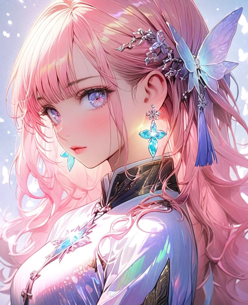 8K,Gal，Very delicate and beautiful,Beautiful and realistic skin,Sparkling jewel earrings,Luminous tattoo,Long pink hair,Beautiful Eyes,whole body,Firefly,Aodai