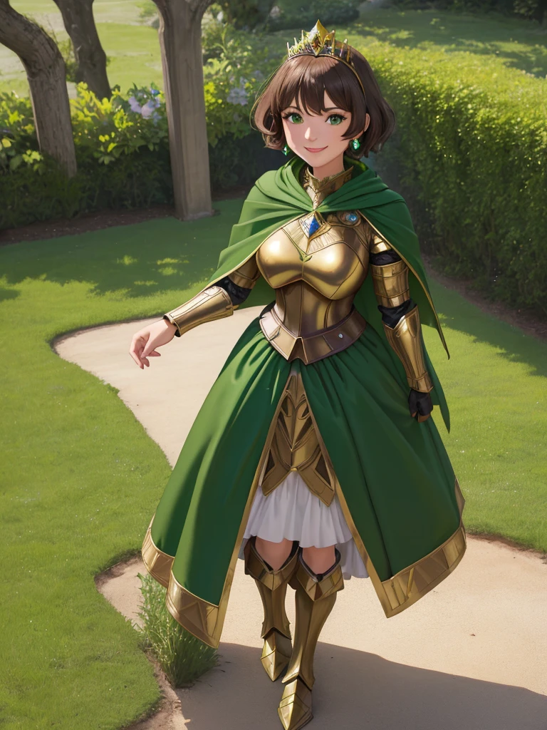 masterpiece, best quality:1.2), 1girl, smile, looking at viewer, green eyes, short brown hair, princess, armor, , pauldrons, armored dress, green cloak cape, wearing puffy blue ballgown skirt, golden tiara with green gem, armored boots, fingerless gloves, standing in medieval garden