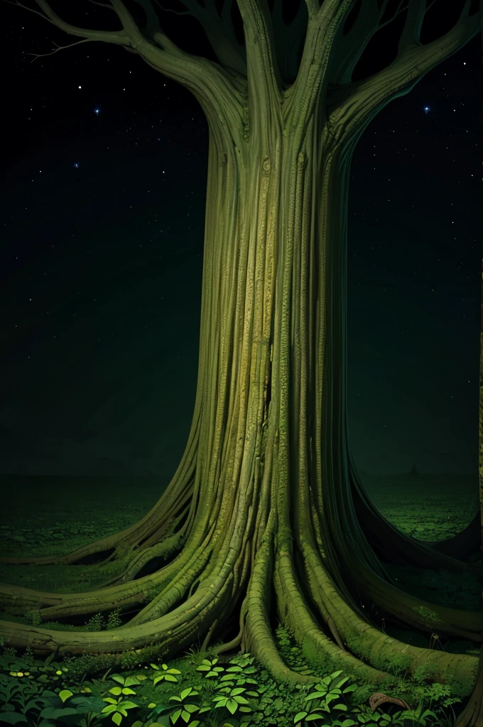 Ancient giant tree，Dark green leaves，Strange patterns all over the tree trunk，The tree is in a claustrophobic, empty and dark space