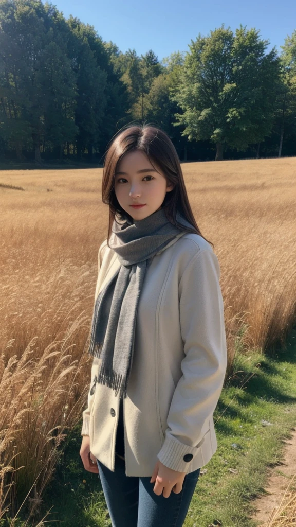8K, Highest quality, masterpiece, Realistic, Super detailed, photo Realistic, Improvement of quality,
Photo of a girl standing in a field wearing a scarf, The designer's dark and gloomy style, Large chunk, Photobash, Calm face, Jagged Edges, navy, Natural Beauty, Close-up shot