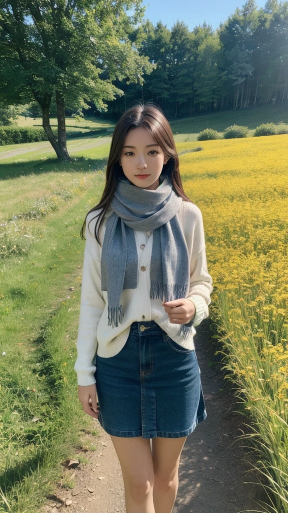 8K, Highest quality, masterpiece, Realistic, Super detailed, photo Realistic, Improvement of quality, 
Photo of a girl standing in a field wearing a scarf, The designer's dark and gloomy style, Large chunk, Photobash, Calm face, Jagged Edges, navy, Natural Beauty, Close-up shot
