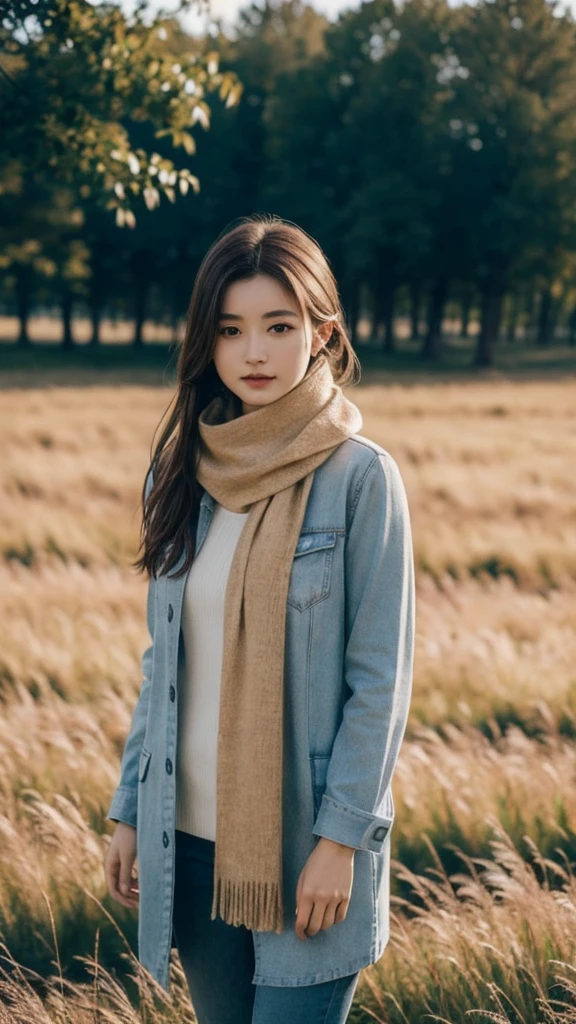 8K, Highest quality, masterpiece, Realistic, Super detailed, photo Realistic, Improvement of quality,
Photo of a girl standing in a field wearing a scarf, The designer's dark and gloomy style, Large chunk, Photobash, Calm face, Jagged Edges, navy, Natural Beauty, Close-up shot