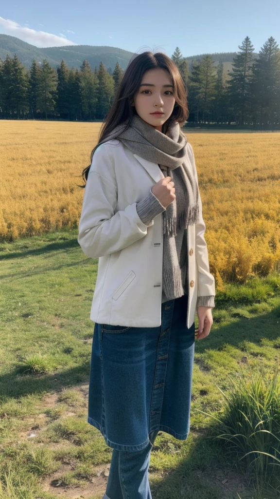 8K, Highest quality, masterpiece, Realistic, Super detailed, photo Realistic, Improvement of quality, 
Photo of a girl standing in a field wearing a scarf, The designer&#39;s dark and gloomy style, Large chunk, Photobash, Calm face, Jagged Edges, navy, Natural Beauty, Close-up shot
