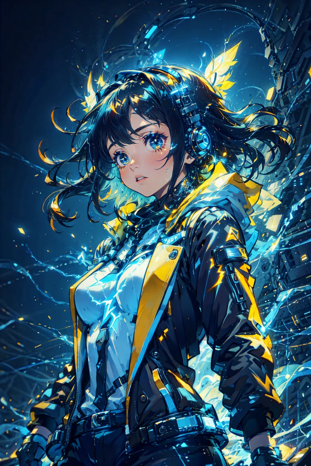 1girl,cute,bigbreast,upper body,headphone,cool,music,flow note,Electric,lightning, brilliant
