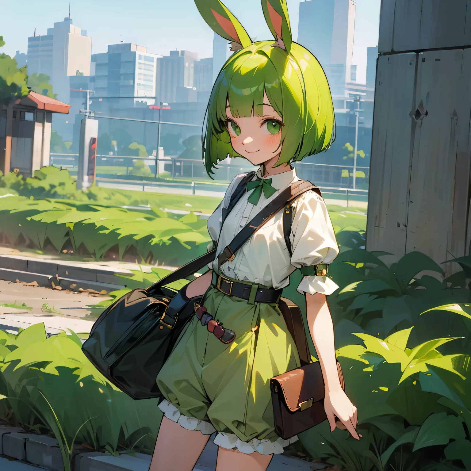 Green rabbit ears, green animal ears, a girl, bob cut, green hair, green eyes, look young, alone, short, tiny,Lolita, childhood,smile, overall, belt, waist bag, waist pouch, kawaii, cute,face, 1900 age, City